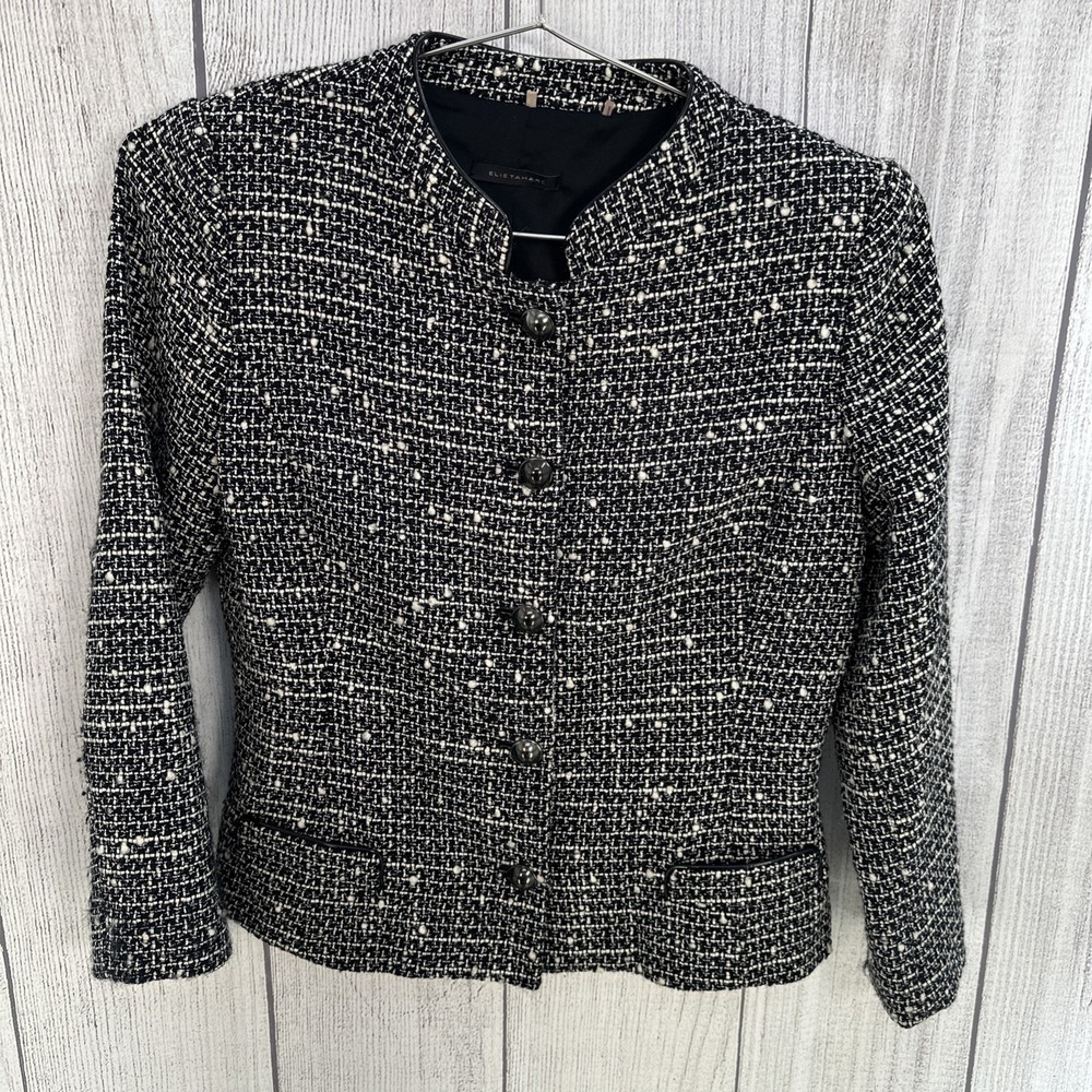 Elie Tahari Tweed Jacket LARGE Black White Virgin Wool Blazer Suit Old Money